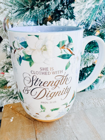 Mug Blue Floral Strength & Dignity Prov. 31:25